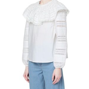 Retail 658$ Sea New York White Lace Ruffle Yoke Eyelet Sleeve Blouse